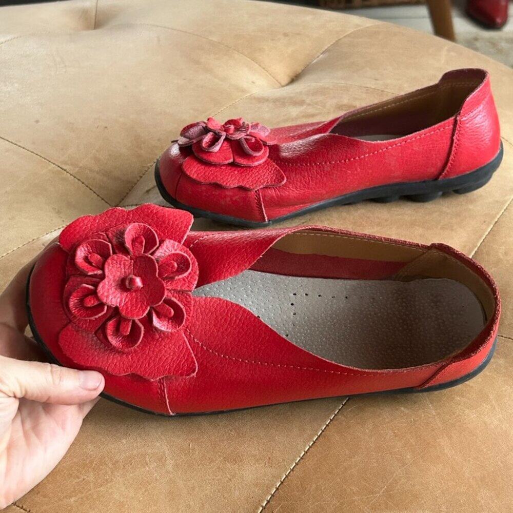 Red Lagenlook Art Teacher Ballet Flats Romantic Flower Soft Leather Shoes, 7.5 - Picture 11 of 11